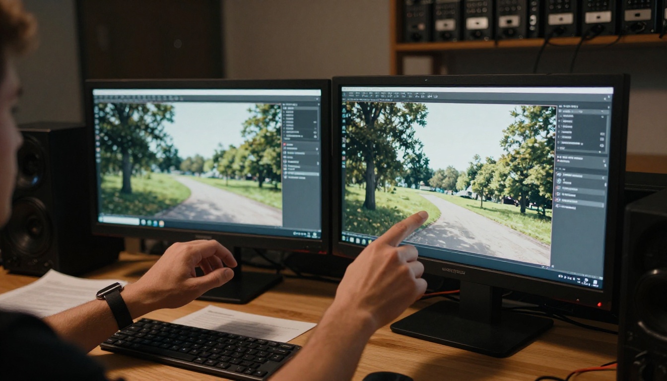 Professional post-production comparison setup showing two AI video outputs side by side on a large studio monitor