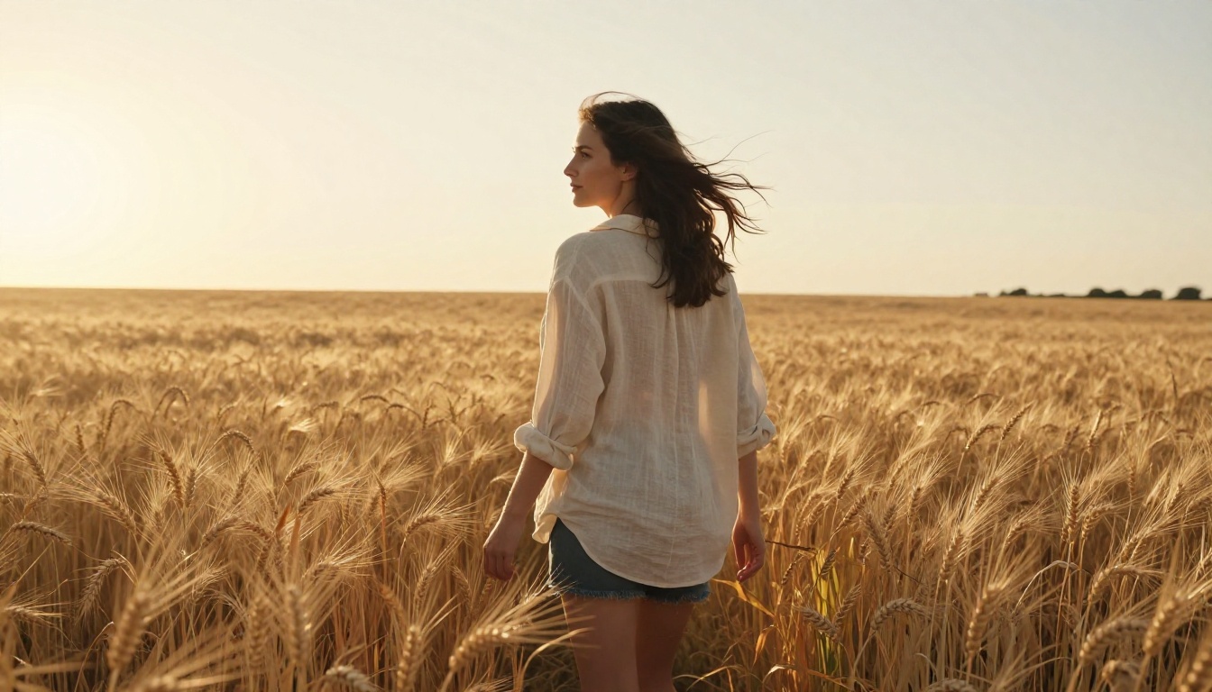 Woman walking through a golden wheat field at magic hour, used as an AI motion realism test