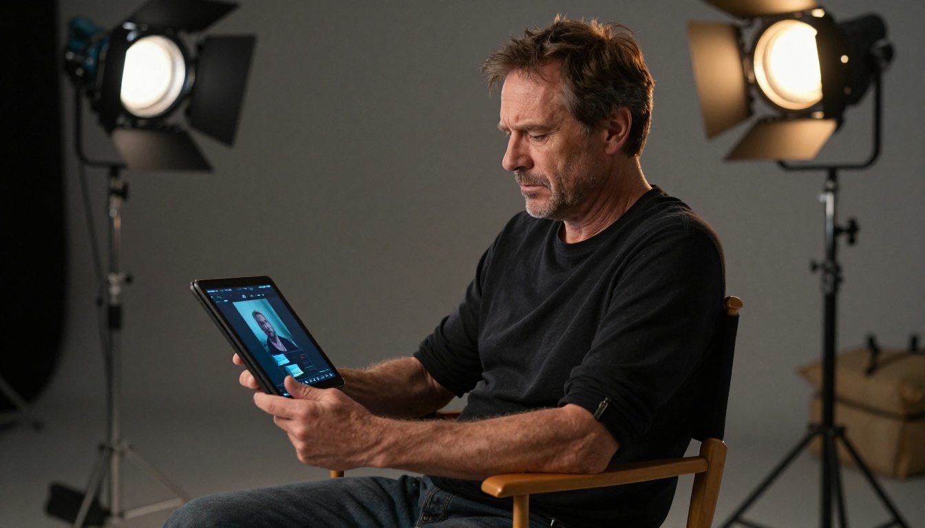 Male director critically evaluating an AI-generated video clip on a tablet in a professional soundstage