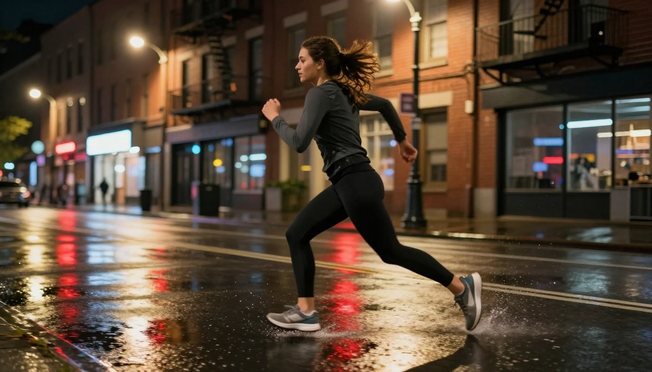 Young woman sprinting on a rain-slicked city street at night with water droplets mid-air, AI motion dynamics test
