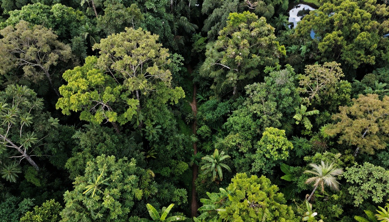 Aerial overhead shot of dense rainforest canopy, natural environment realism test for AI video generation