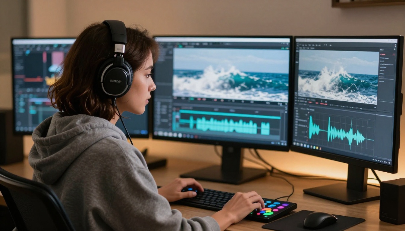 Female video editor wearing headphones comparing AI video outputs across three professional monitors in an editing suite