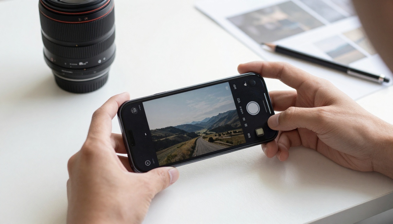 Hand placing a smartphone on a studio desk next to a camera lens, showing a video generation interface with a preview