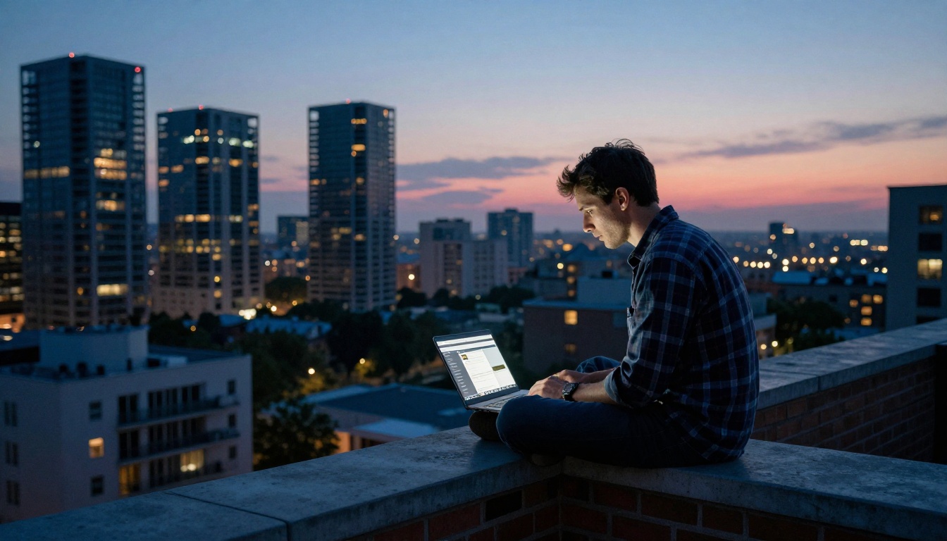 Creative professional working on a laptop at a city balcony at dusk, testing AI video generation tools