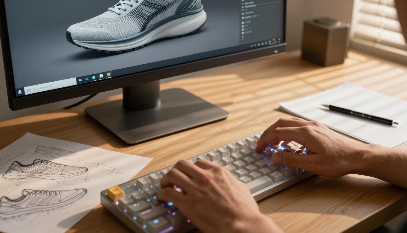 A designer typing prompts at a keyboard while a photorealistic 3D model of a running shoe appears on the monitor, illustrating the text-to-3D workflow