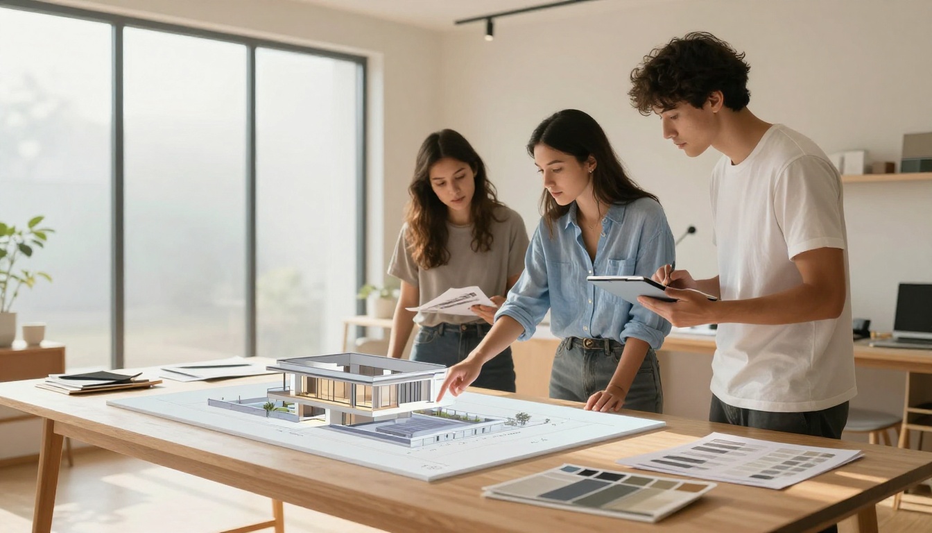 Creative professionals collaborating around a 3D architectural visualization in a modern design studio with diffused natural light