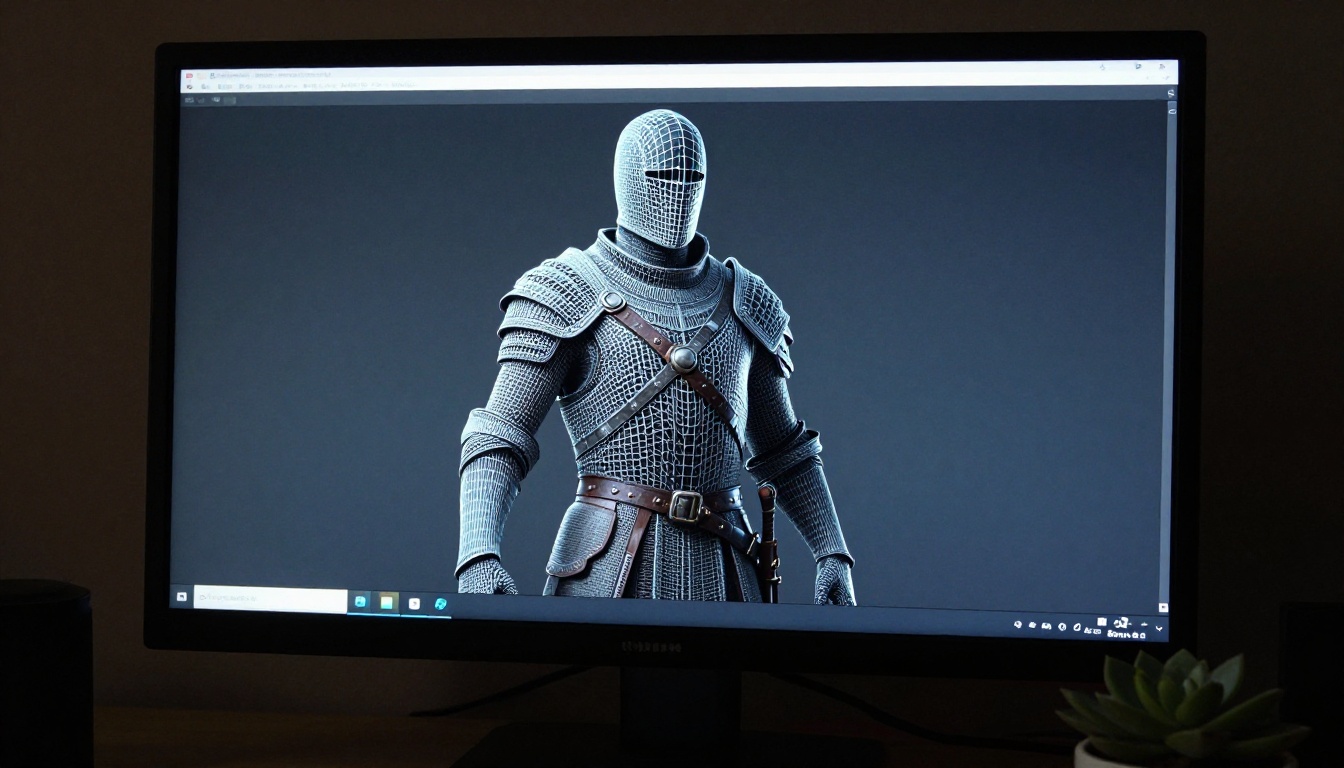 A 3D character model displayed on a studio monitor with wireframe topology visible on one half and photorealistic texture on the other