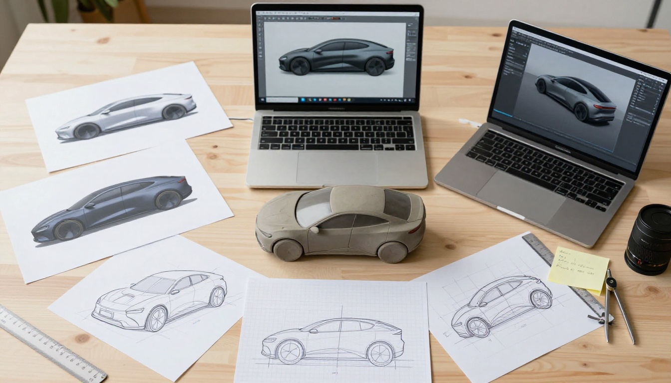 A product designer reviewing 3D model renders of an electric vehicle concept alongside clay models and hand-drawn blueprints
