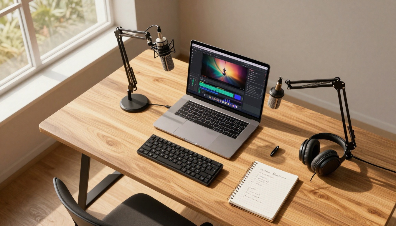 Aerial view of a modern content creator studio workspace with monitor and keyboard Aerial view of a modern content creator studio workspace with monitor and keyboard