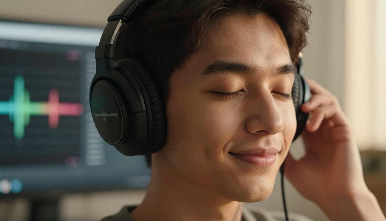 Creative professional wearing headphones listening to AI-generated video audio Creative professional wearing headphones listening to AI-generated video audio
