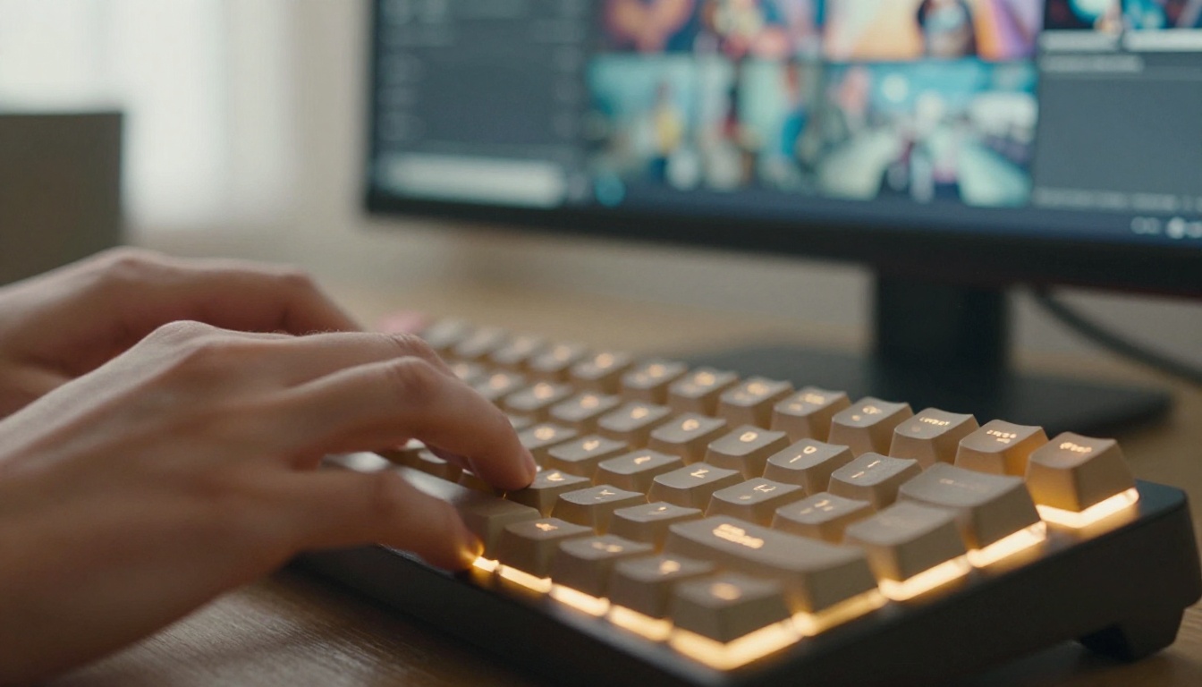 Hands typing a detailed AI video prompt on a backlit mechanical keyboard Hands typing a detailed AI video prompt on a backlit mechanical keyboard