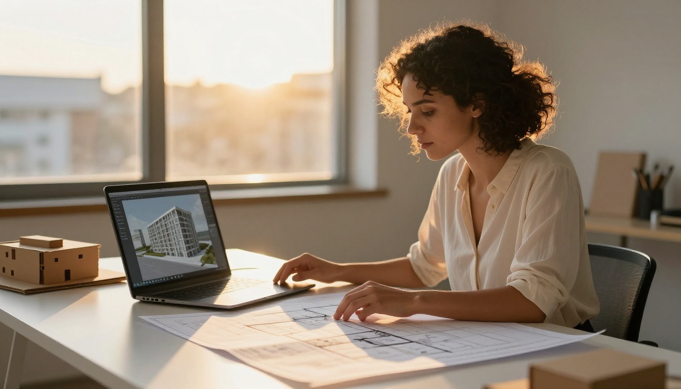 A woman architect reviewing photorealistic 3D renders of a building on her laptop alongside printed blueprints and a cardboard scale model