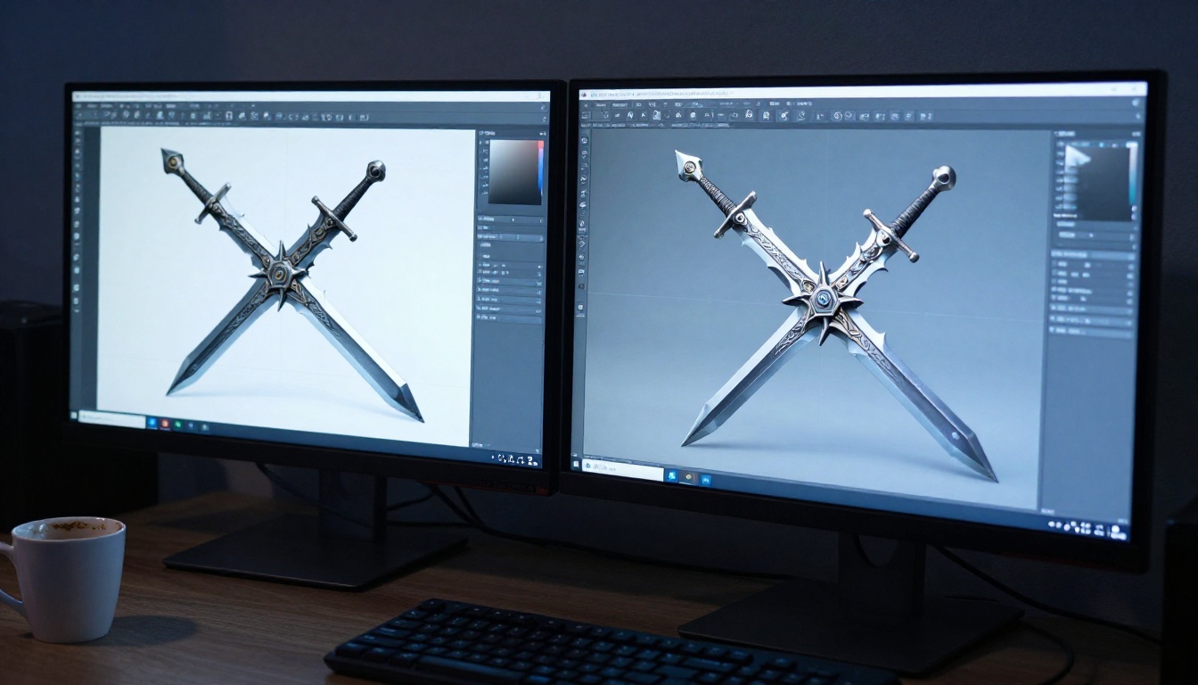 Side-by-side comparison of a rough AI-generated 3D sword mesh and the same sword fully refined with PBR textures and clean topology
