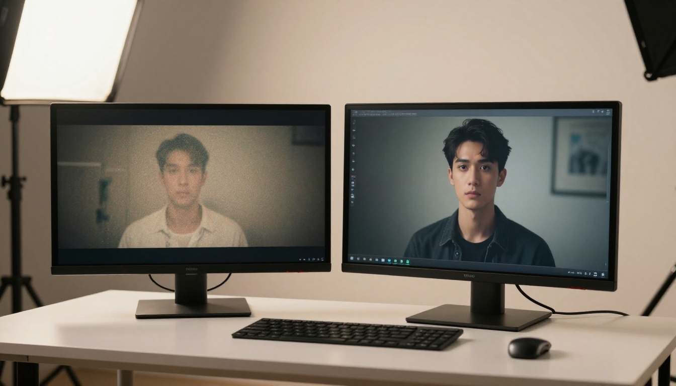 Two monitors side-by-side showing AI video quality comparison Two monitors side-by-side showing AI video quality comparison