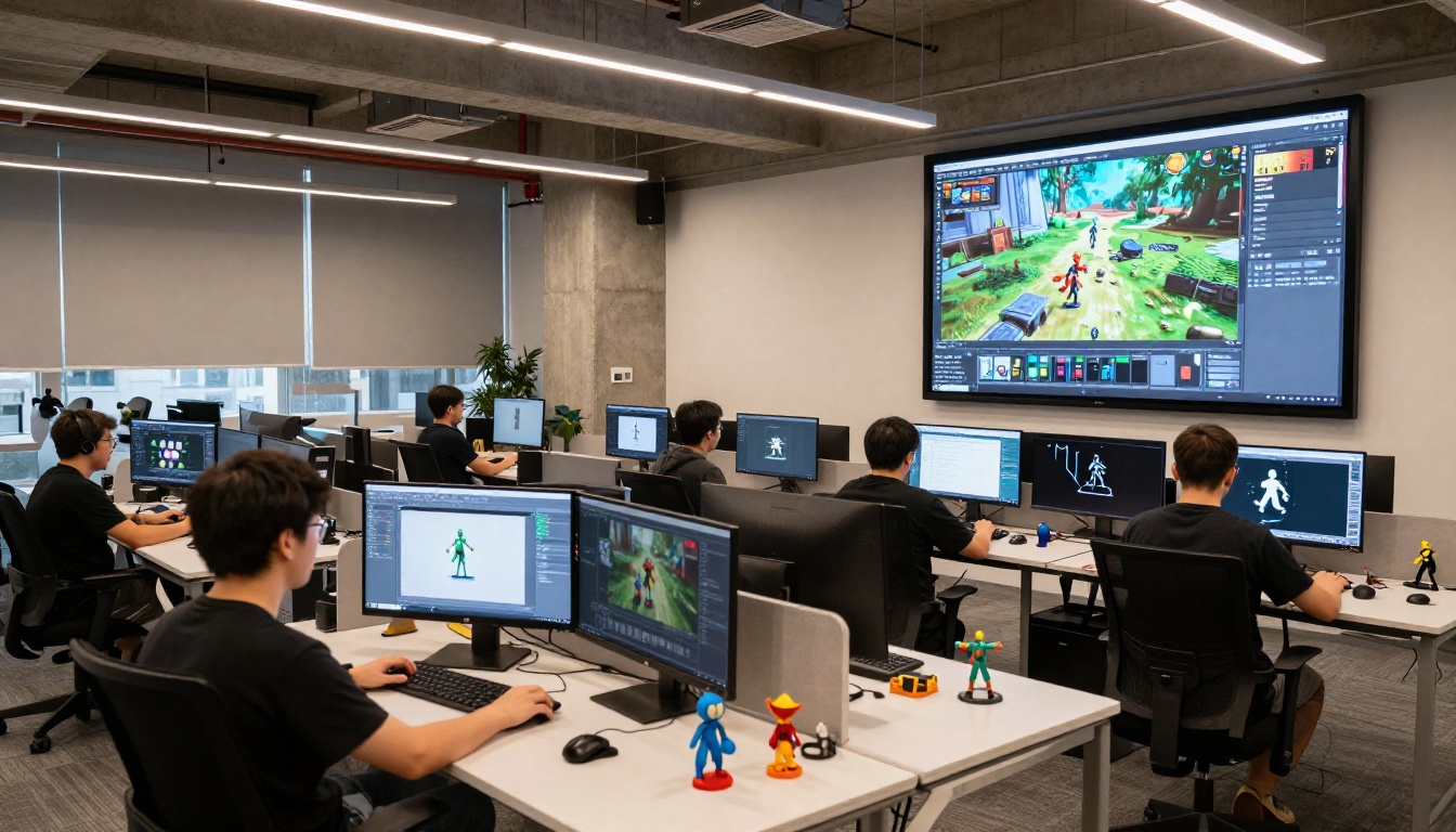 A modern game development studio with rows of workstations showing 3D asset creation at different pipeline stages with warm industrial lighting