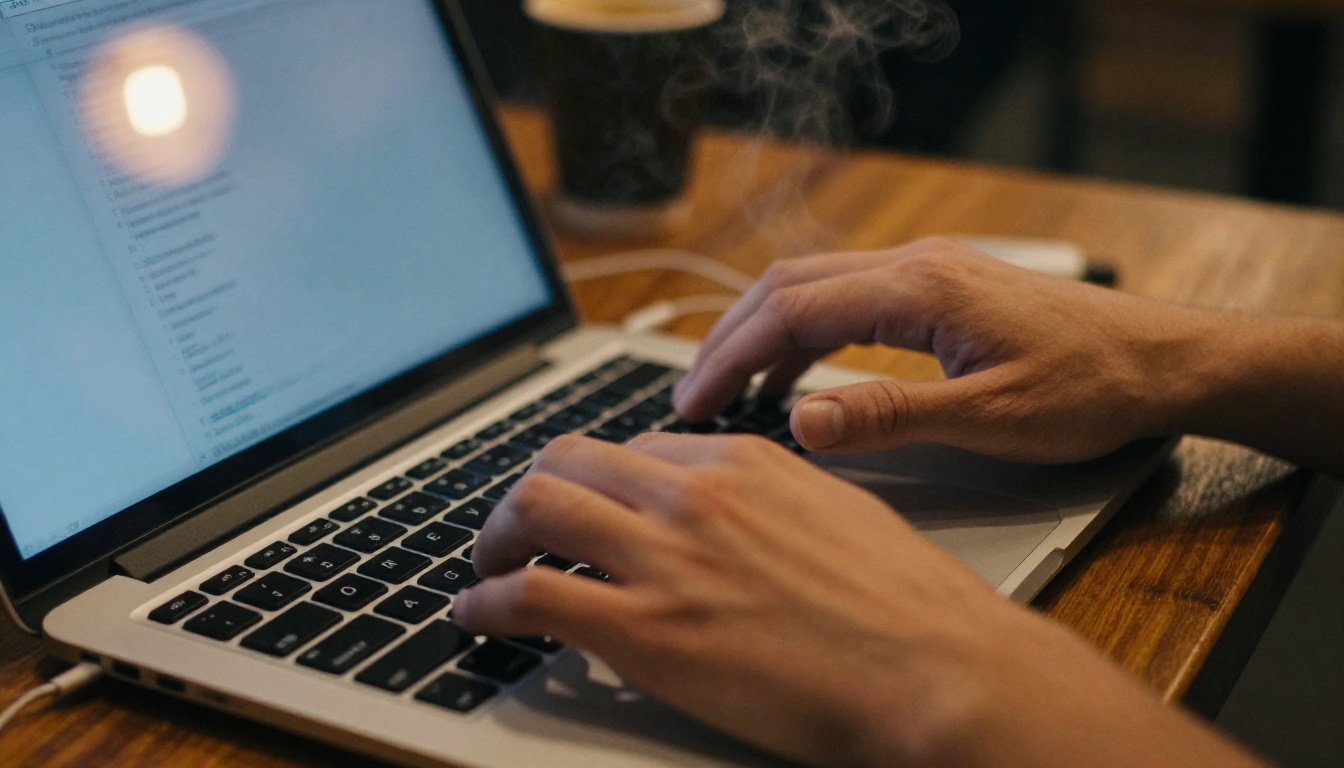 Person typing at a coffee shop with warm amber incandescent light Person typing at a coffee shop with warm amber incandescent light