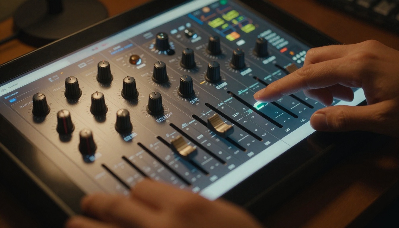 Close-up of audio mixing controls on a professional touchscreen tablet