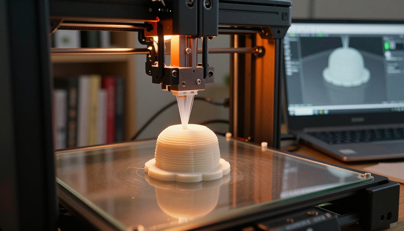 A 3D printer actively depositing white PLA filament in fine layers on a small figurine while a laptop beside it displays the sliced 3D model preview
