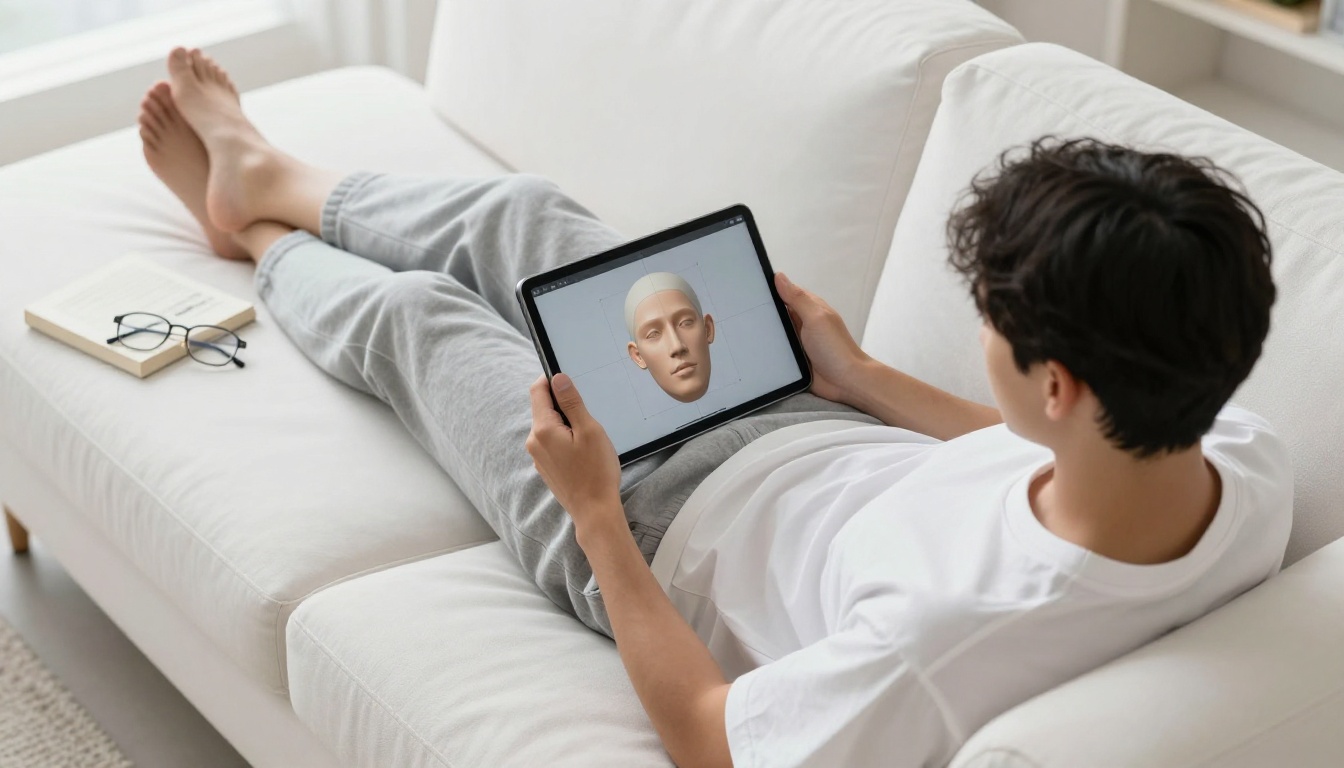 A creative person relaxing on a white couch holding a tablet and sculpting a 3D human face model with symmetry guides visible on screen