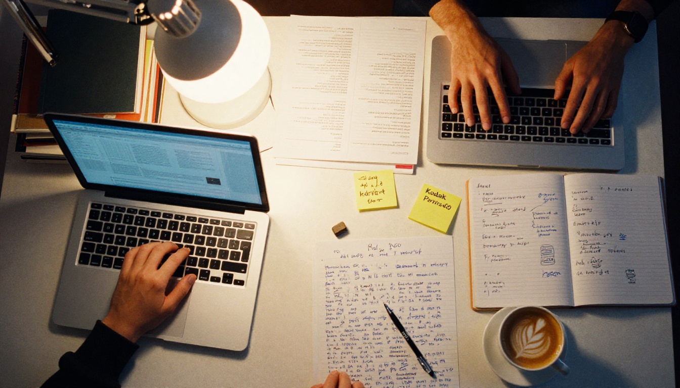 Aerial bird's-eye view of a study desk with two open laptops and handwritten notes Aerial bird's-eye view of a study desk with two open laptops and handwritten notes