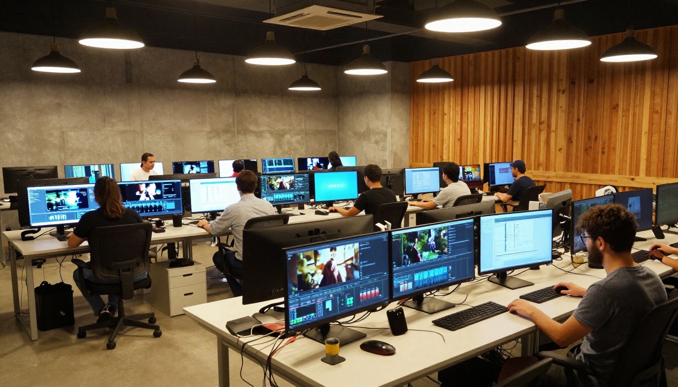 Wide shot of a modern media lab with multiple video editors at workstations