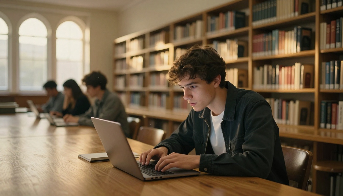 Young man leaning forward at an oak table in a university library with golden afternoon light Young man leaning forward at an oak table in a university library with golden afternoon light