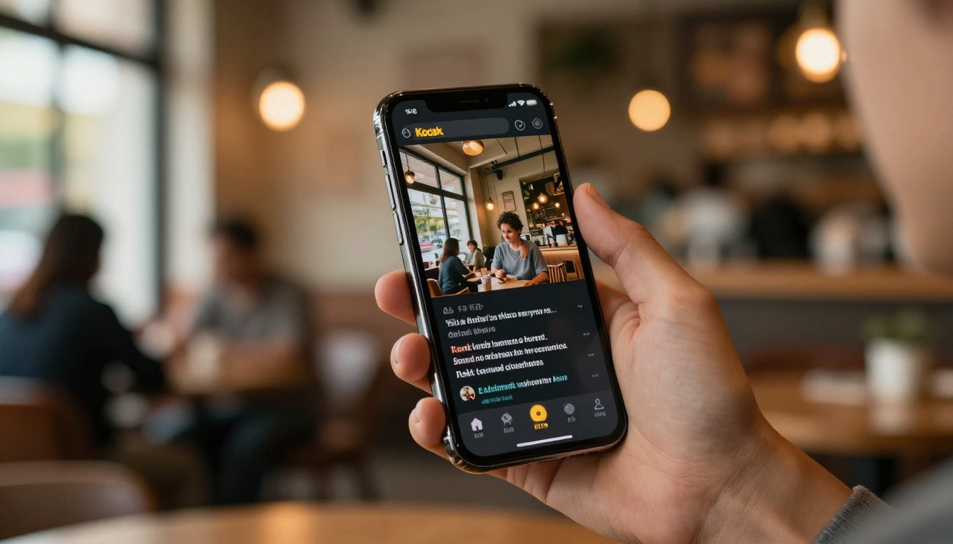 Person in a cafe holding a smartphone showing a finished AI-generated video