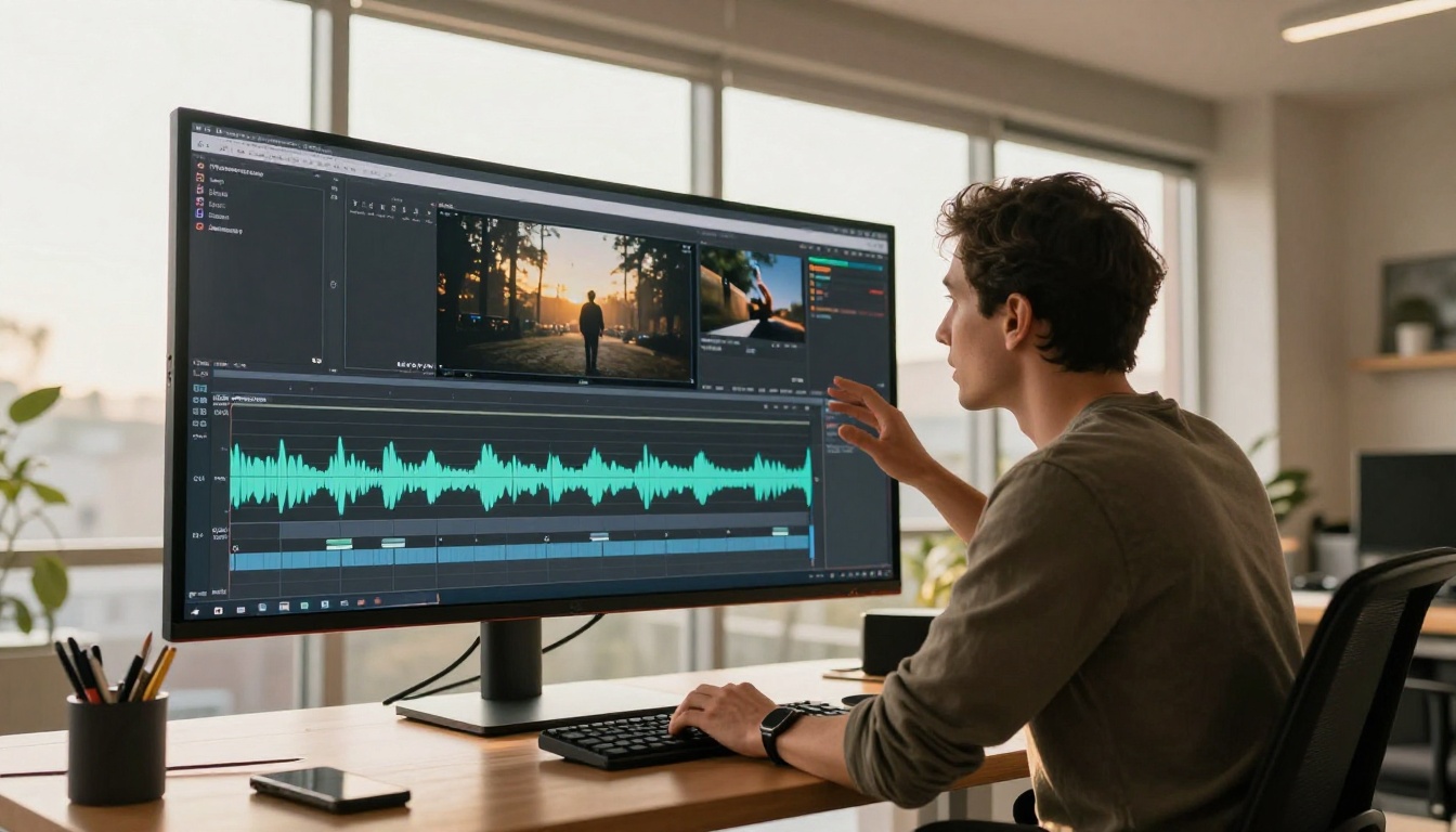 Content creator at a standing desk pointing at a large monitor showing a cinematic AI video