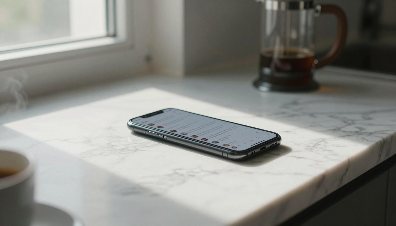 Smartphone lying on marble kitchen counter with morning light from a frosted window Smartphone lying on marble kitchen counter with morning light from a frosted window