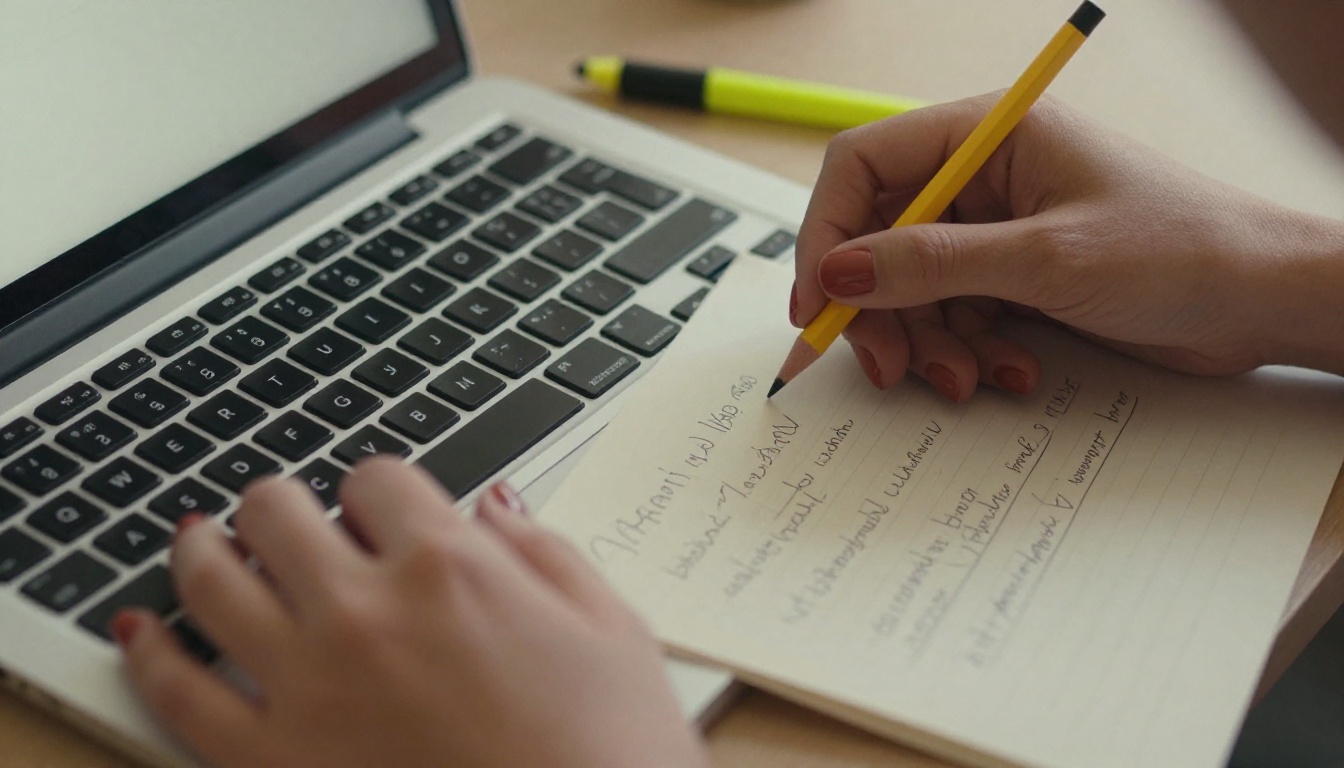 Close-up of hands on keyboard with notes nearby