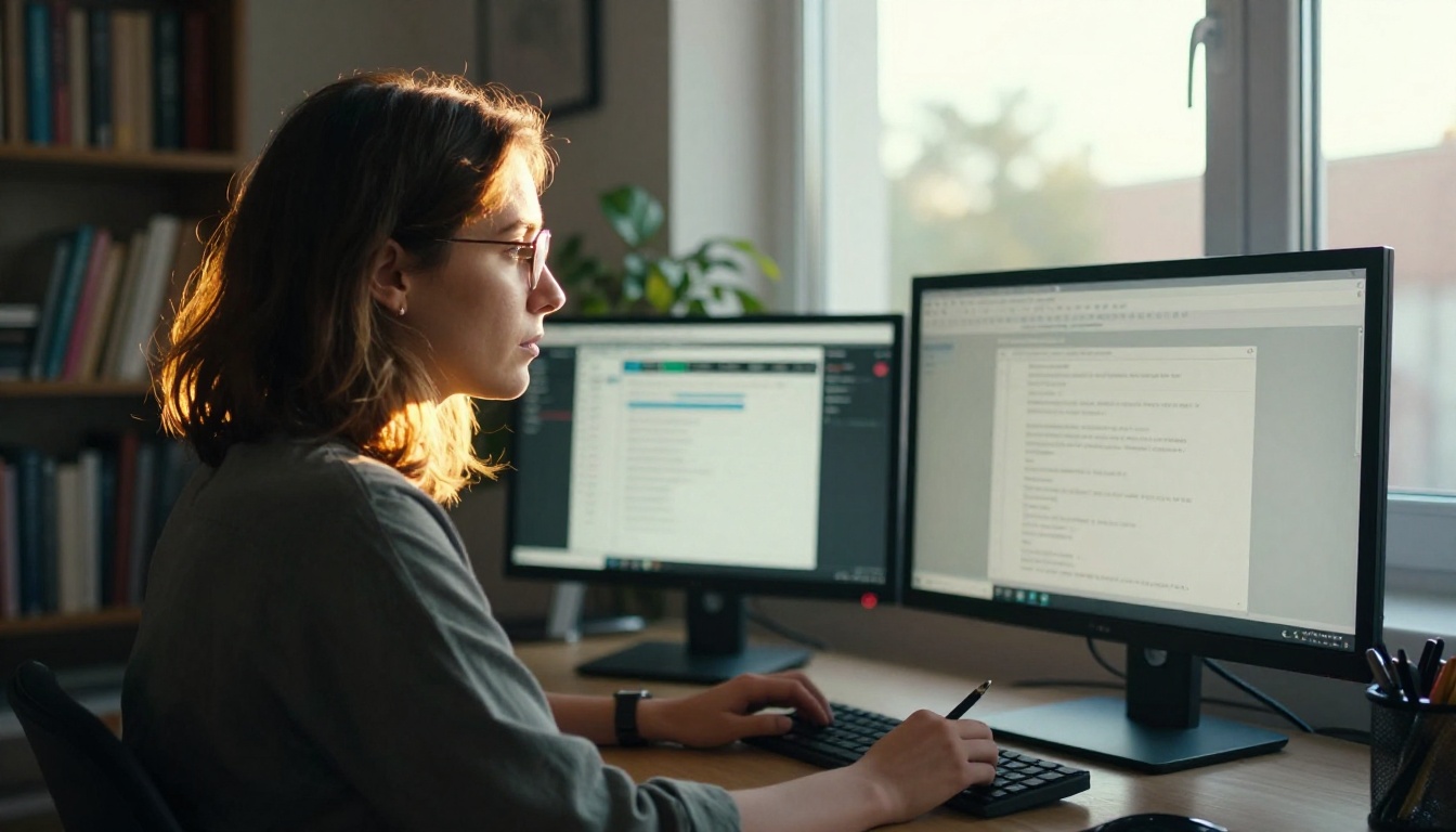 Woman in side profile working at dual monitors, warm rim light from a floor-to-ceiling window Woman in side profile working at dual monitors, warm rim light from a floor-to-ceiling window
