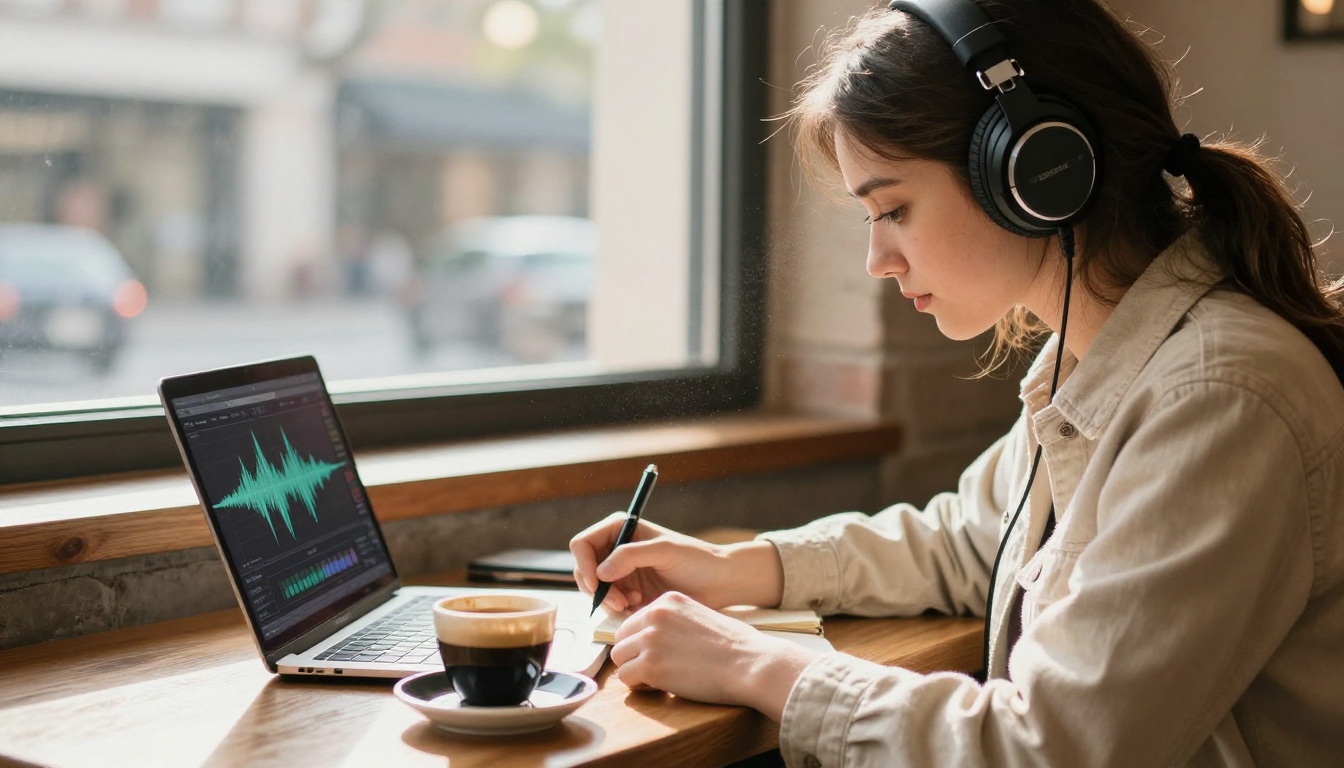 Student with headphones transcribing audio at a sunlit cafe