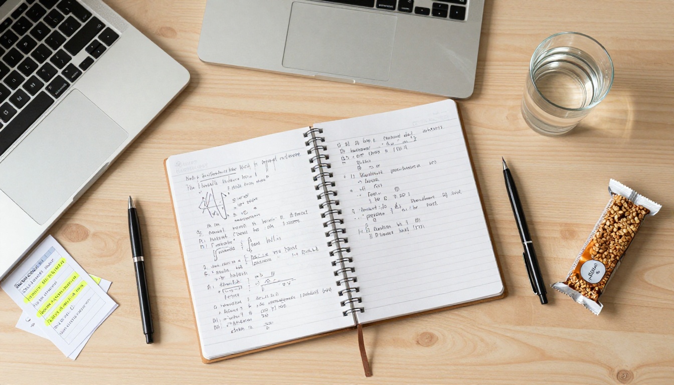 Overhead aerial view of a student workspace with notebook and laptop
