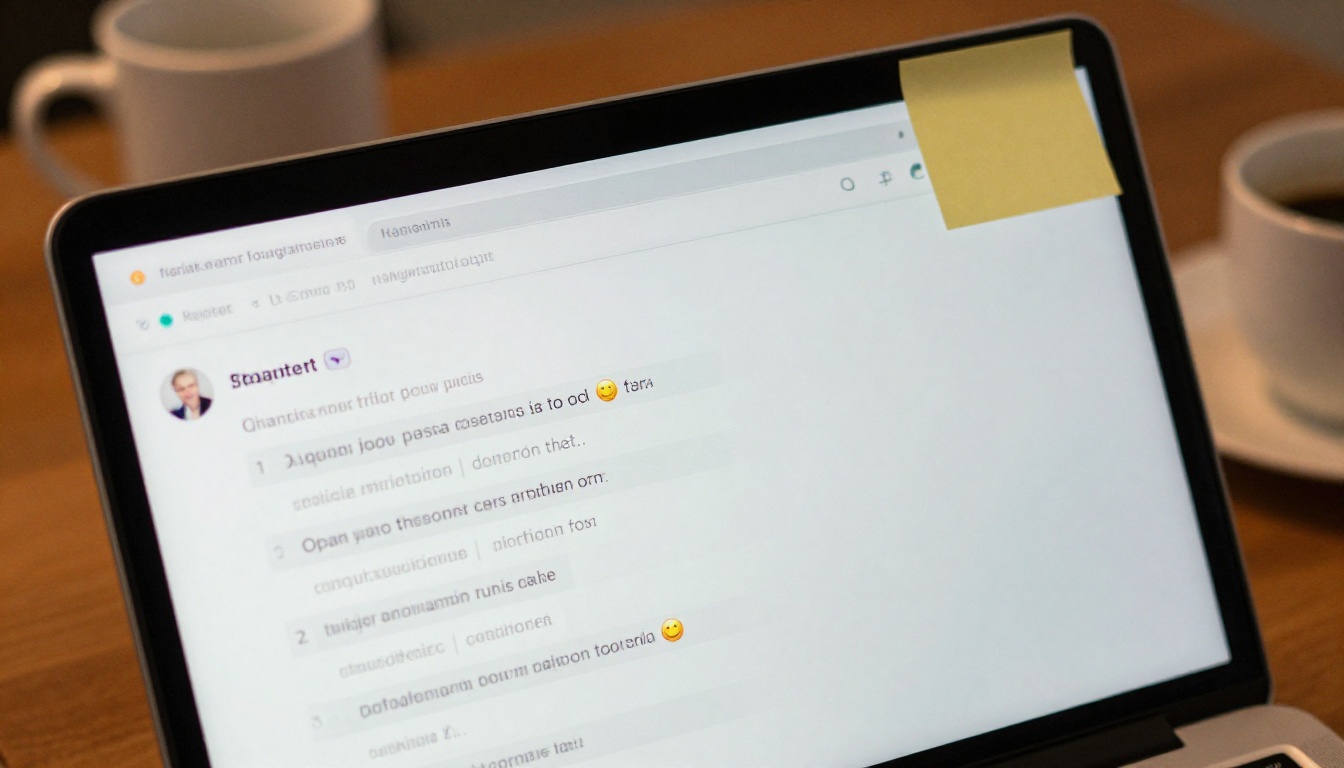 Close-up of a laptop screen tilted at an angle with a coffee cup handle in foreground bokeh