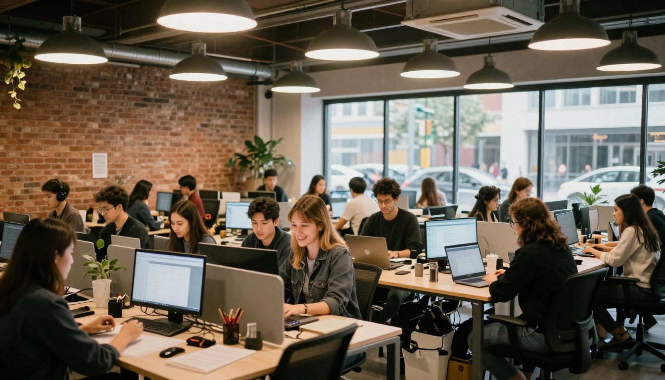 Wide establishing shot of a modern co-working space with warm pendant lights and exposed brick walls