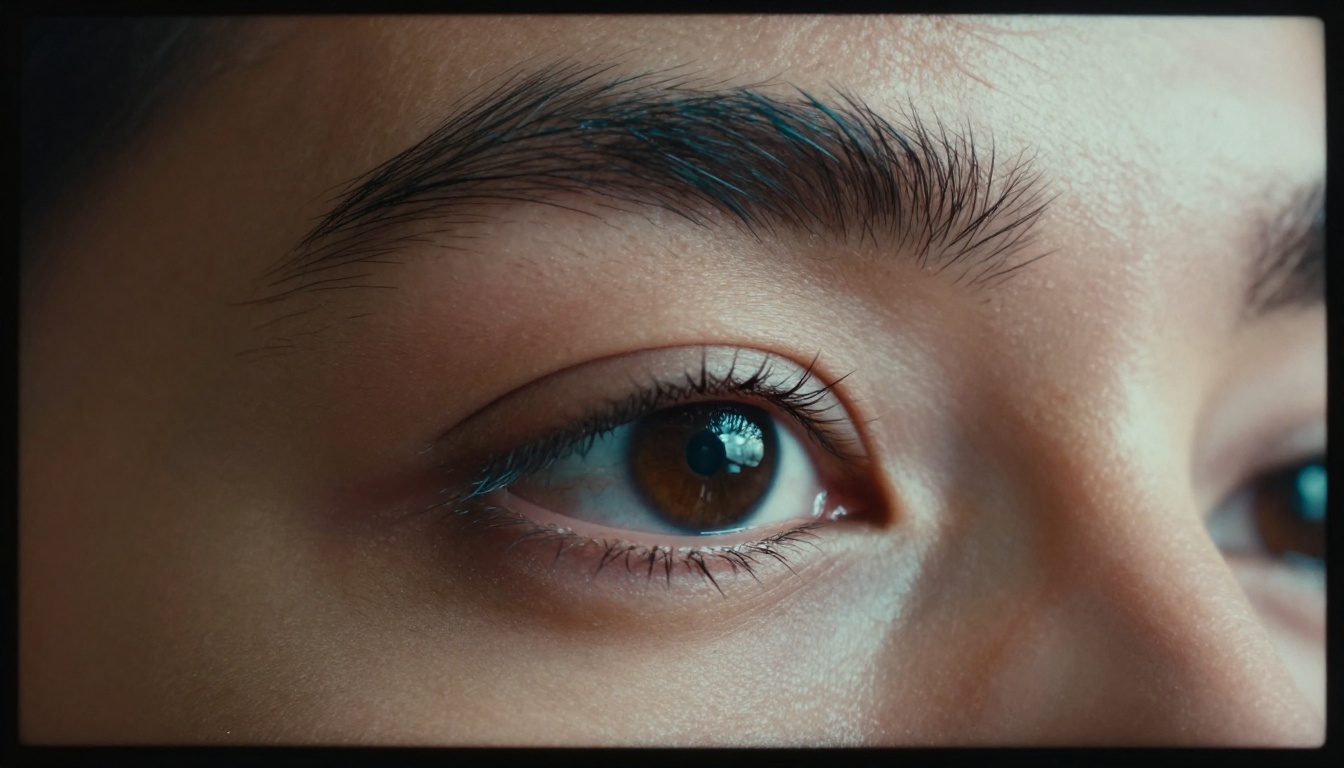 Extreme macro close-up of an eye reflected in a dark laptop screen with chiaroscuro window light