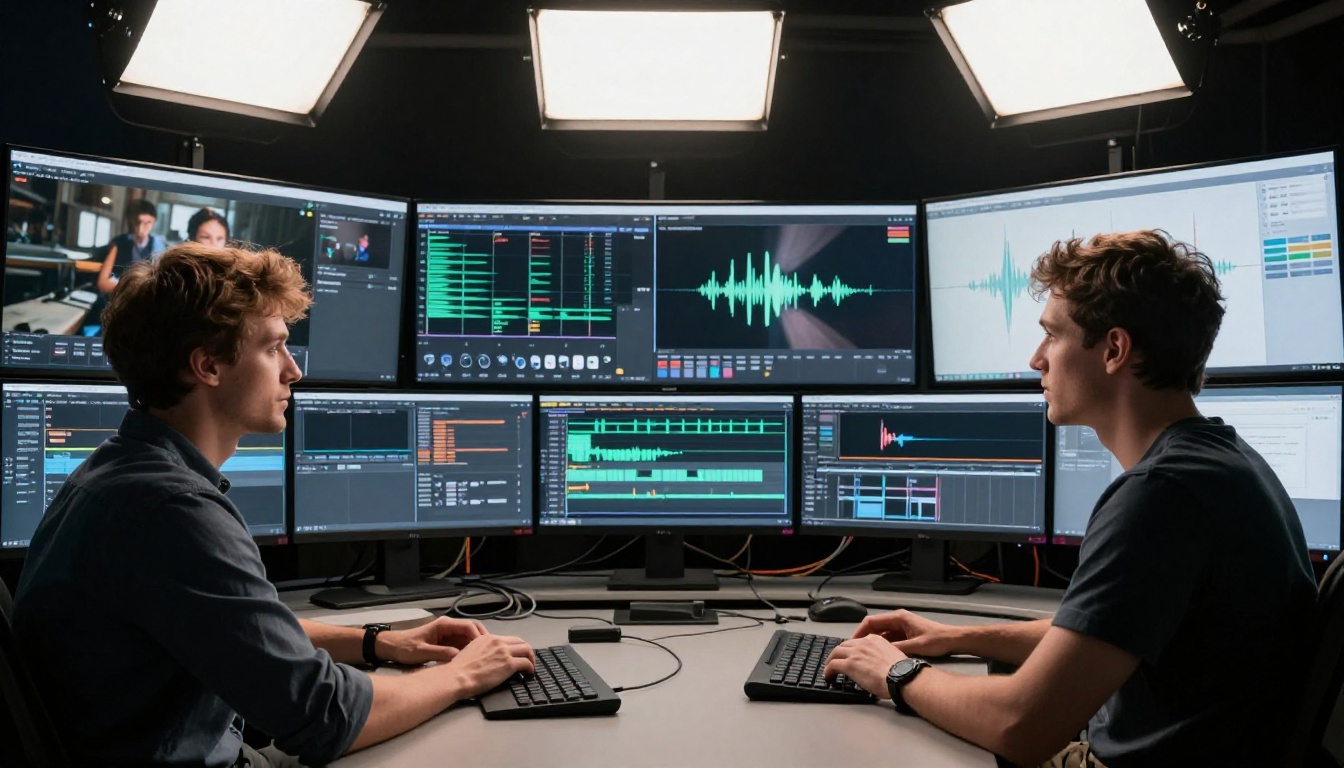 Two video editors comparing AI-generated footage on side-by-side monitors in a professional studio Two video editors comparing AI-generated footage on side-by-side monitors in a professional studio