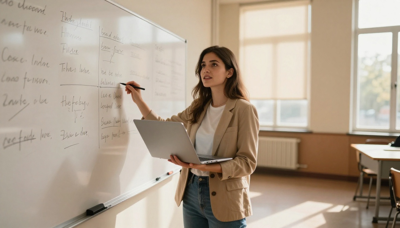 Confident student presenting from a laptop in a classroom