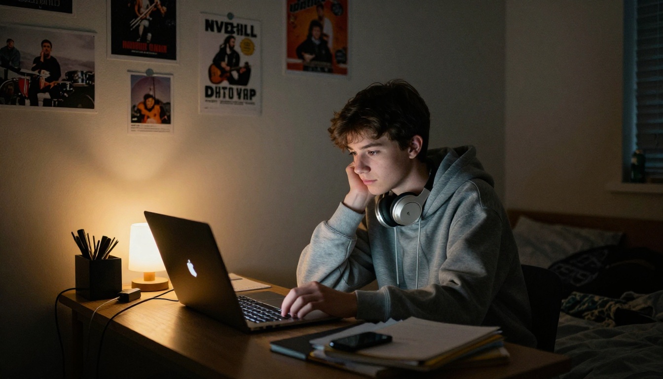Teenage boy at a bedroom desk late at night, laptop glow competing with a small warm desk lamp
