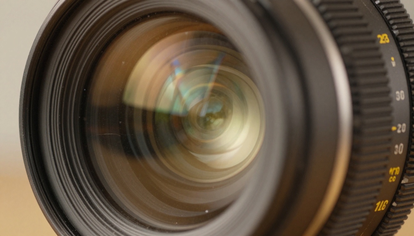 Extreme close-up of a cinema prime lens with a video generation interface reflected in the glass element Extreme close-up of a cinema prime lens with a video generation interface reflected in the glass element