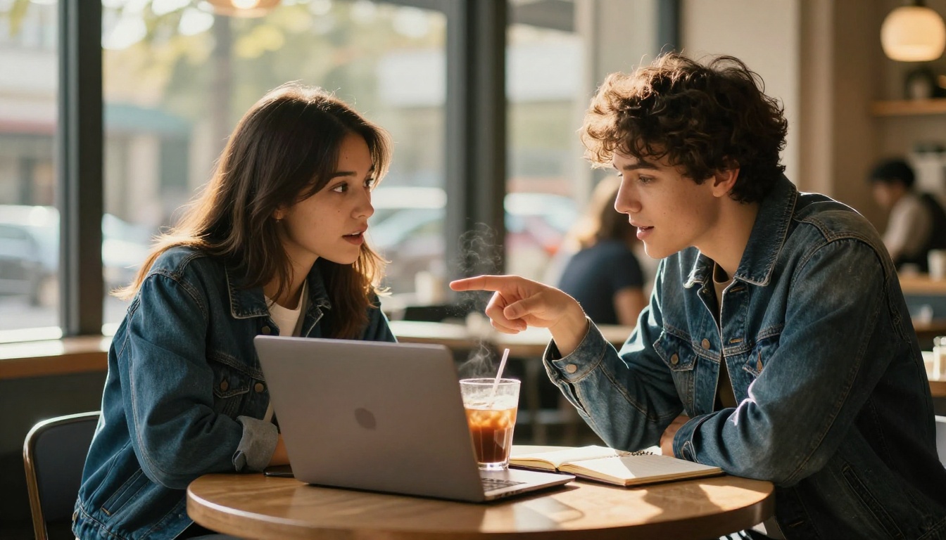 Two students collaborating on a laptop at a cafe