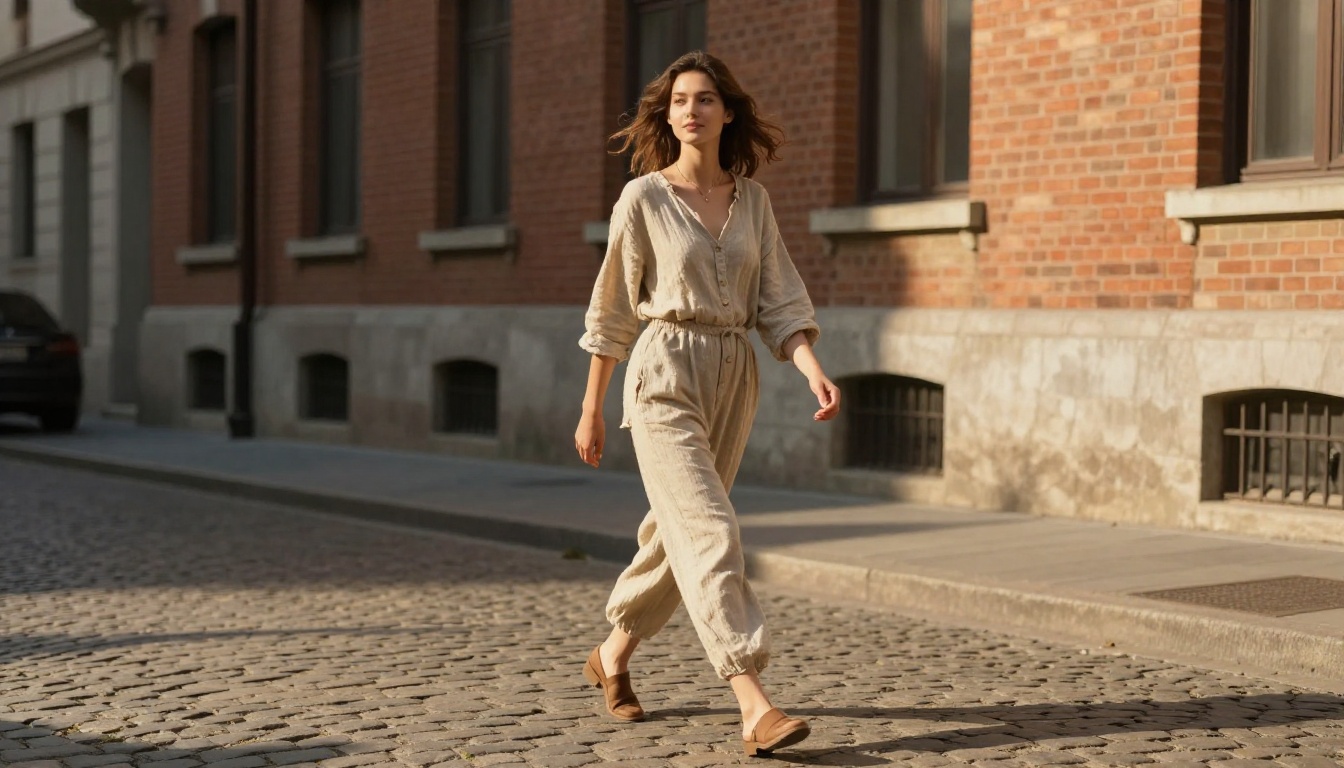 Young woman walking confidently through a sunlit city street, low-angle photorealistic photography with natural cobblestone texture Young woman walking confidently through a sunlit city street, low-angle photorealistic photography with natural cobblestone texture