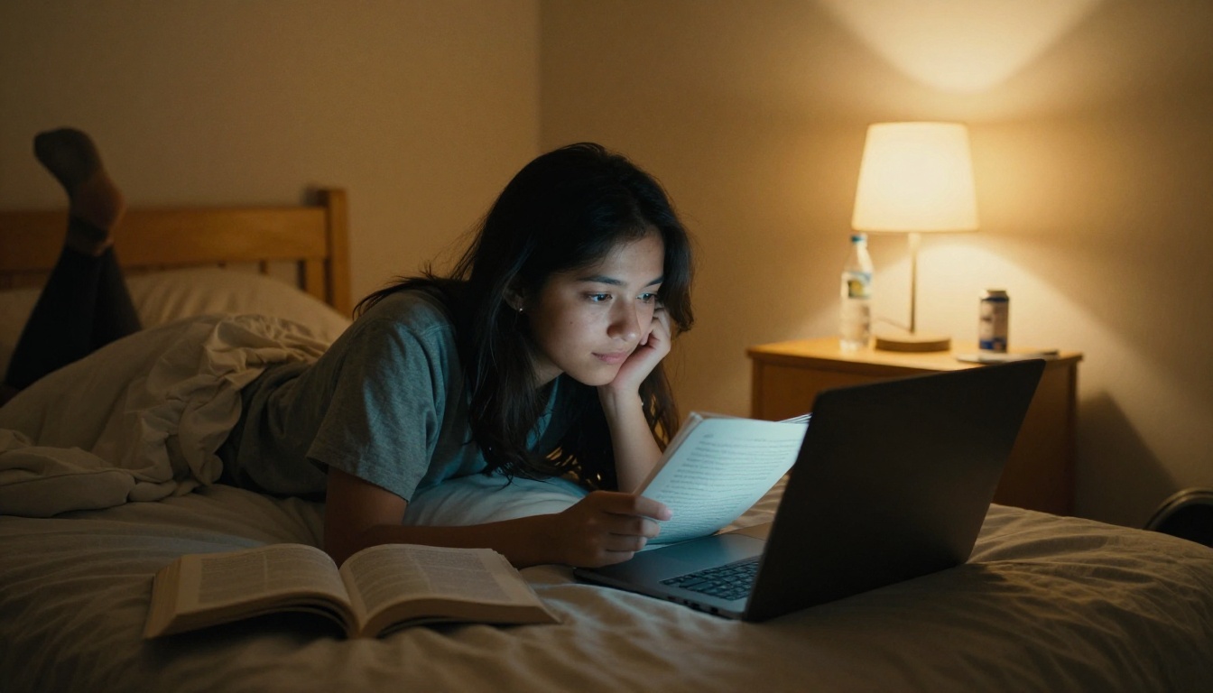 Student reading on a laptop in the evening light