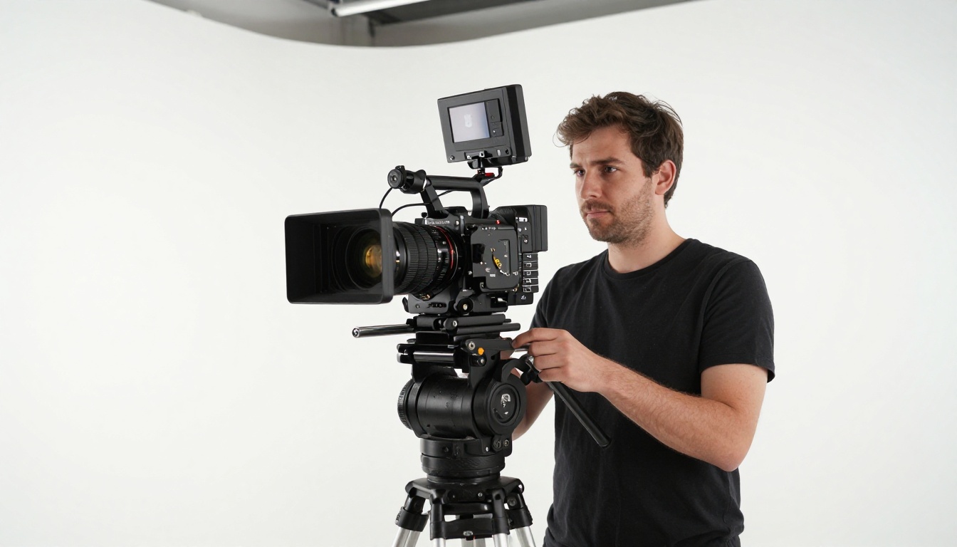 Professional videographer operating a cinema camera on a tripod in a bright white cyclorama studio Professional videographer operating a cinema camera on a tripod in a bright white cyclorama studio