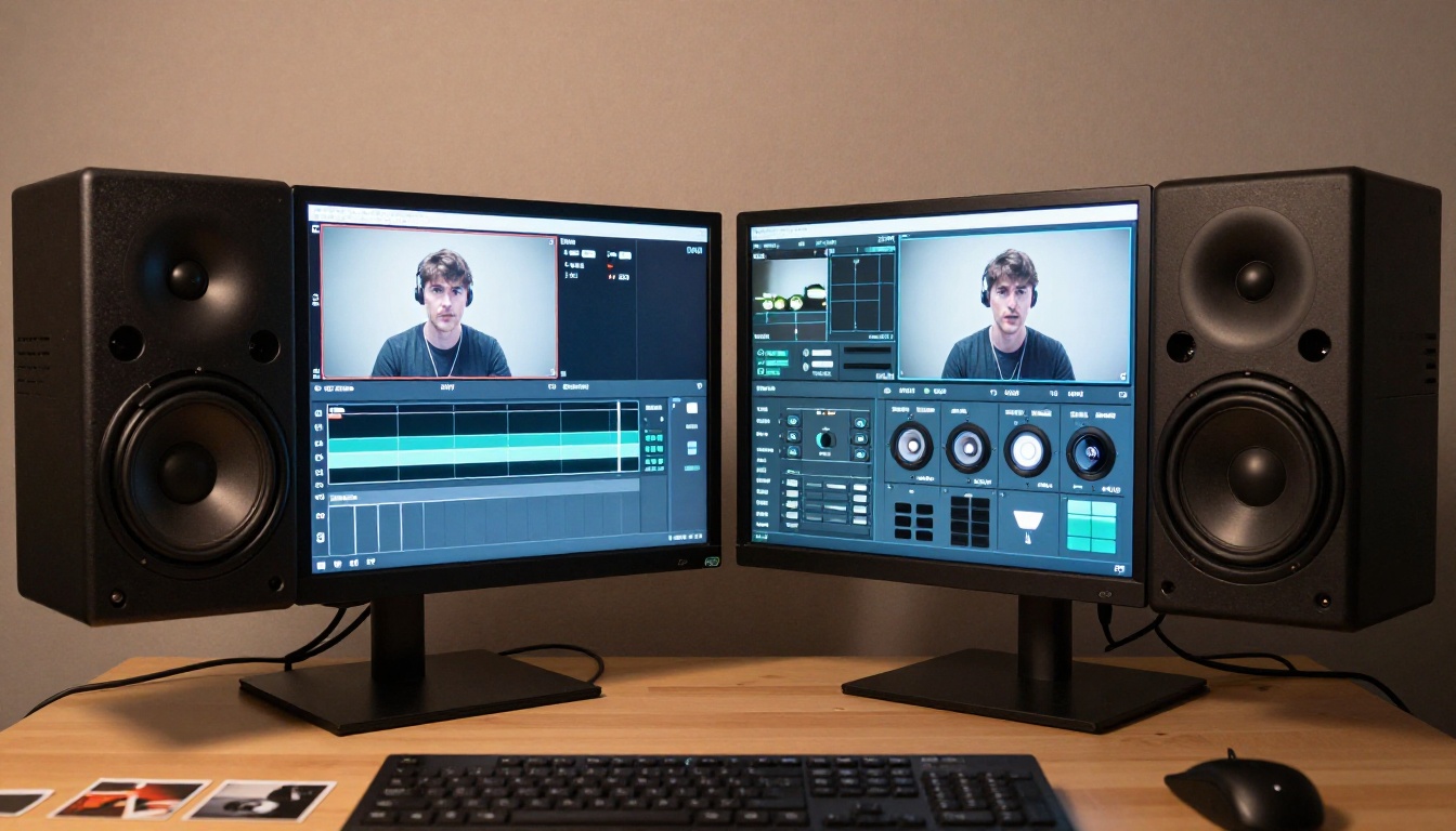 Two large studio monitors side by side displaying video timeline and playback control interfaces with soft ambient studio lighting Two large studio monitors side by side displaying video timeline and playback control interfaces with soft ambient studio lighting