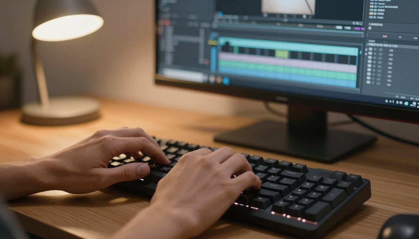 Close-up of hands typing on a mechanical keyboard in front of a video editing interface, warm desk lamp light from left
