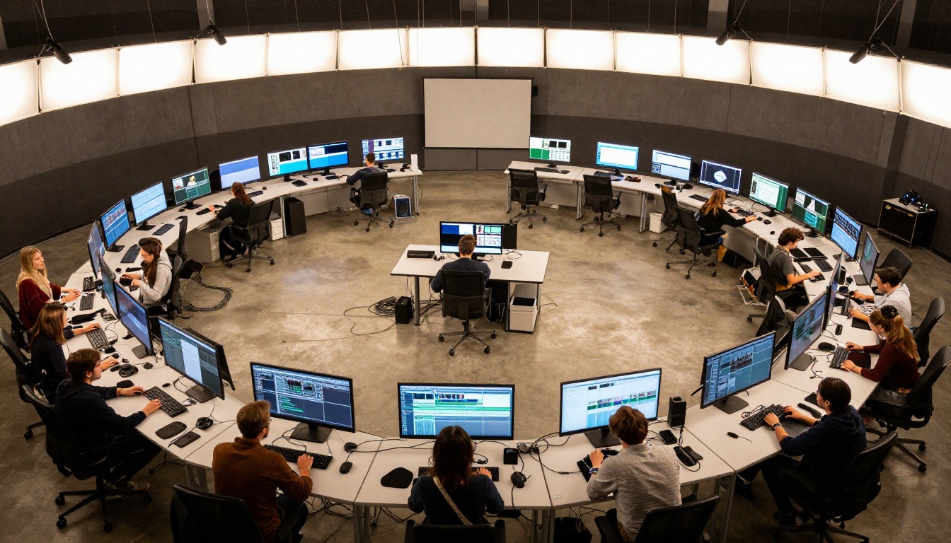 Aerial bird's-eye view of a large open-plan video production studio with multiple editing workstations in a circular layout