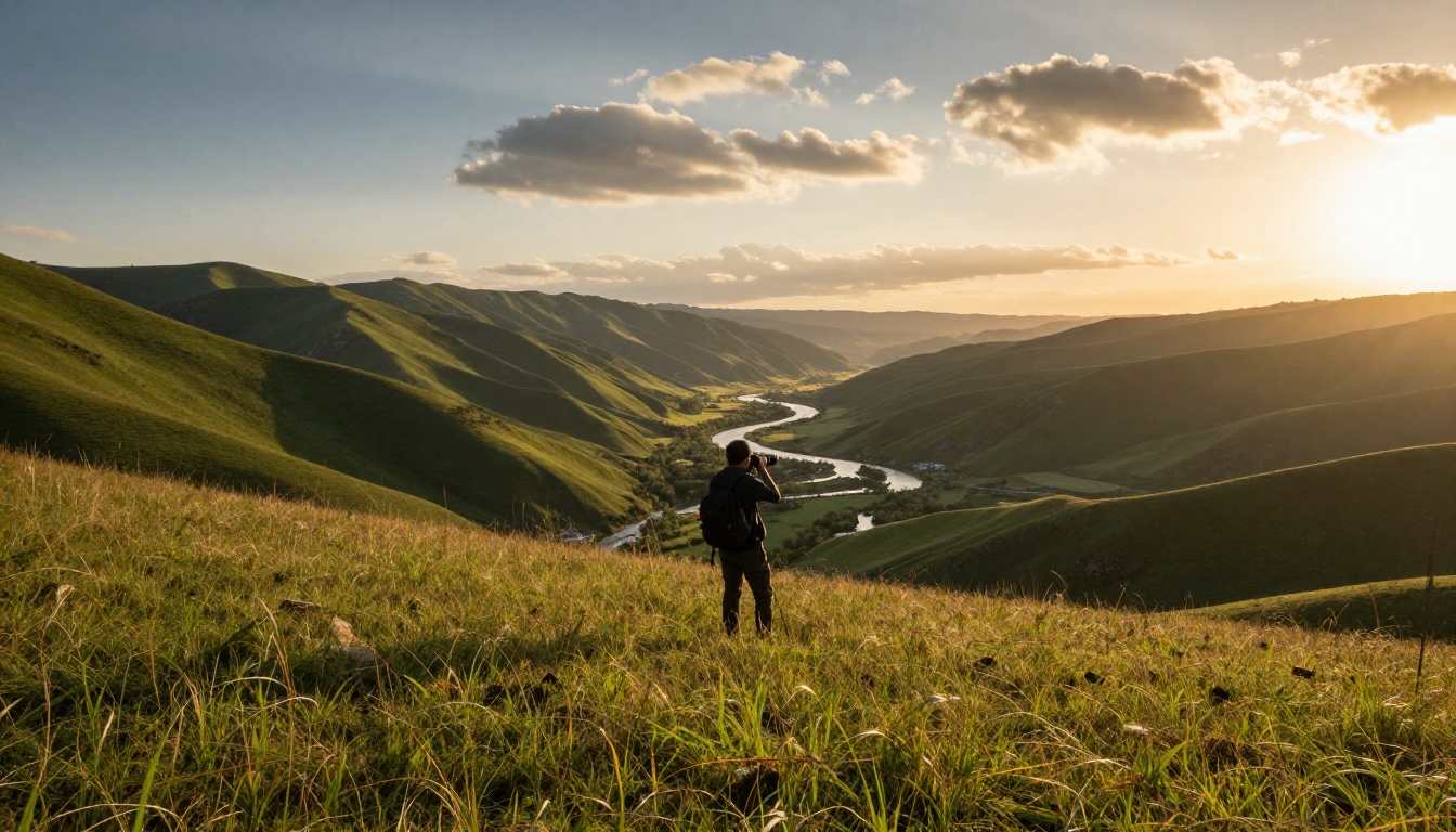 Wide cinematic landscape with rolling green mountains and a winding river in the valley, lone photographer standing in the foreground