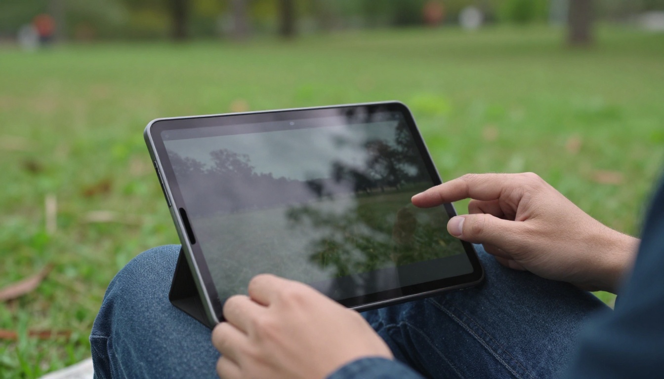 A filmmaker reviewing video footage on a large tablet outdoors in a natural park setting, warm overcast daylight and shallow bokeh background