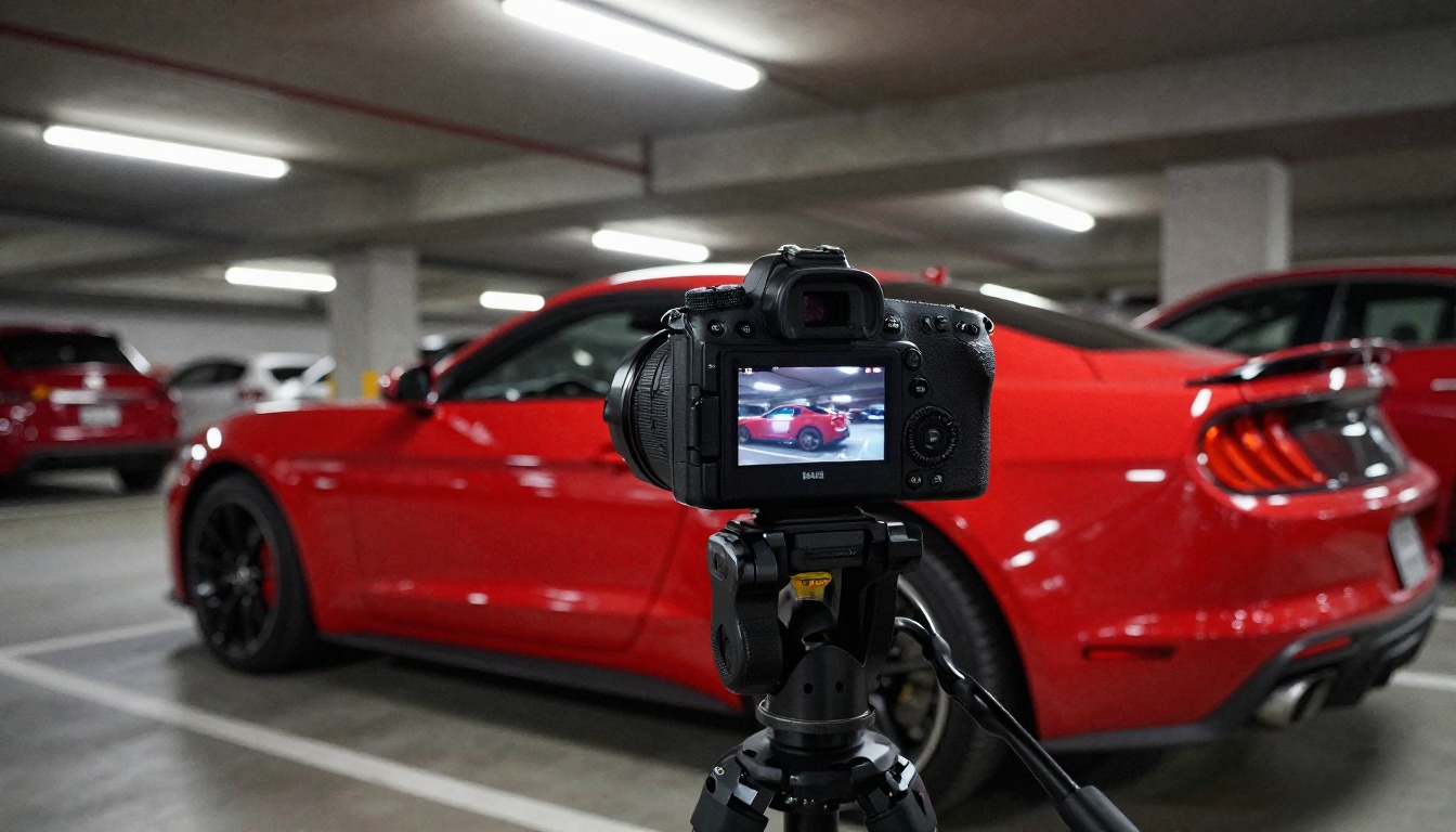 Camera on tripod photographing a car in a complex busy parking garage background Camera on tripod photographing a car in a complex busy parking garage background